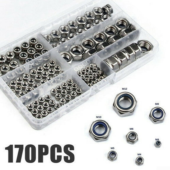Arkzeo 170Pcs/set Stainless Steel Lock Nuts M3 M5 M6 M8 M10 Nylon Insert Kit