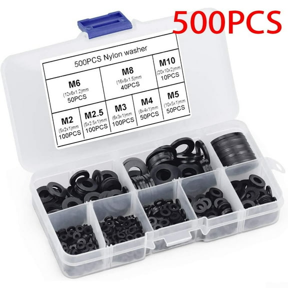 Arkzeo 500Pcs Nylon Flat Washers Thick Flat Sealing Black Plastic Washers Form M2-M10