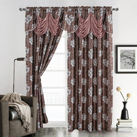 Arlene Floral Jacquard Rod Pocket Window Panel With Valance, Blush, 54x84 Inches