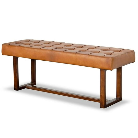 Arles Mid-Century Button-Tufted Genuine Leather Upholstered Bench in Tan