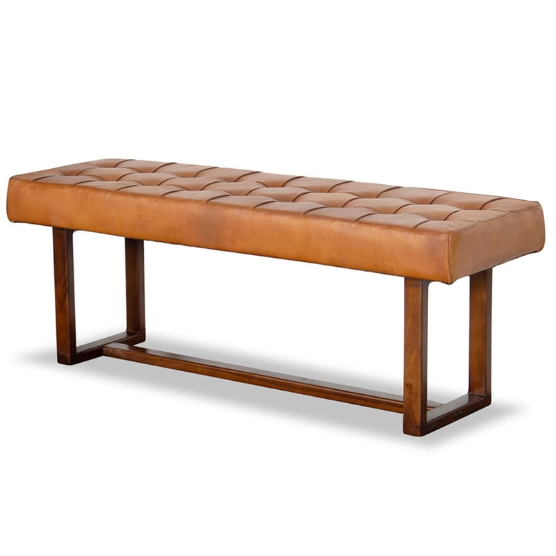 Arles Mid-Century Button-Tufted Genuine Leather Upholstered Bench in ...