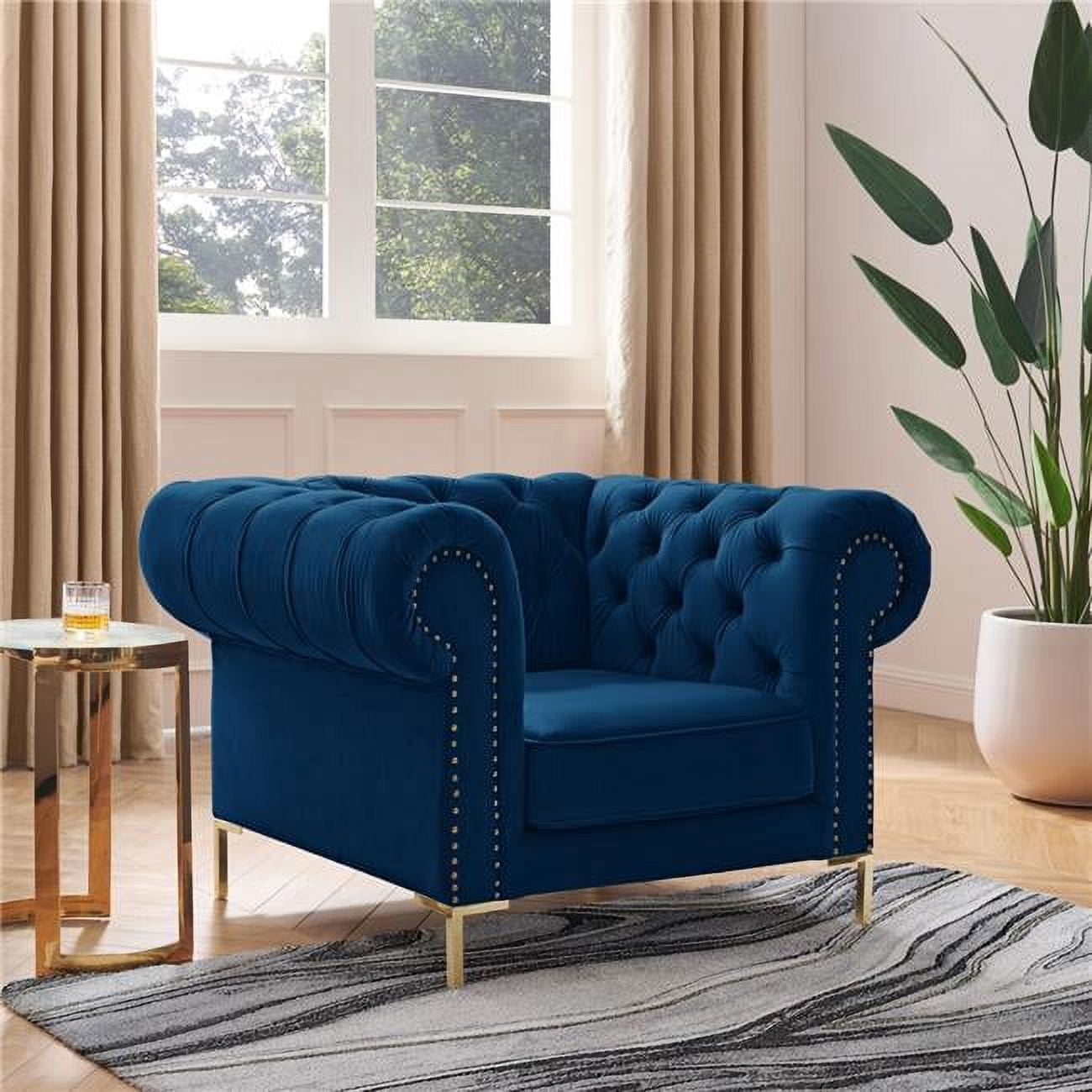Spring Button Chair Arlette Club Chair Navy Velvet Button Tufted Gold Nailhead Trim Sinuous ...