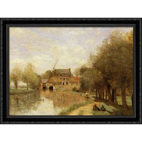 Arleux du Nord, the Drocourt Mill, on the Sensee 38x28 Large Black Ornate Wood Framed Canvas Art by Camille Corot