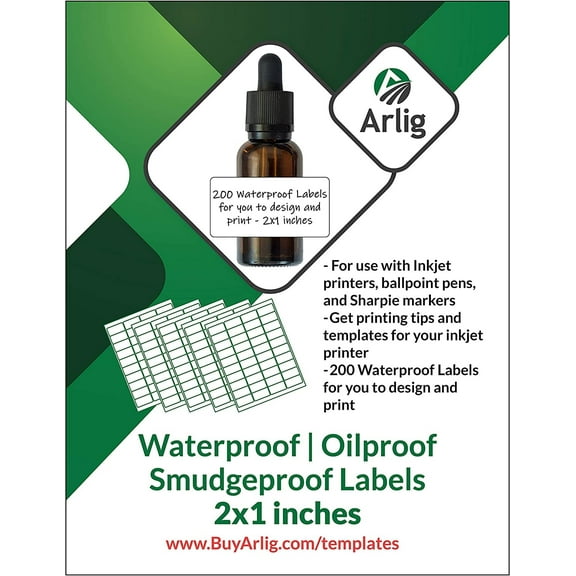 Arlig 2x1 inch Waterproof Labels for Inkjet Printer 200 Labels (5 Sheets x 40 Labels) (Matte)