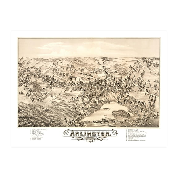 Arlington Art, 1884 Vintage Map of Arlington Massachusetts, MA History Wall Decor Gift, Old Arlington Map - 24" x 18" Unframed Print