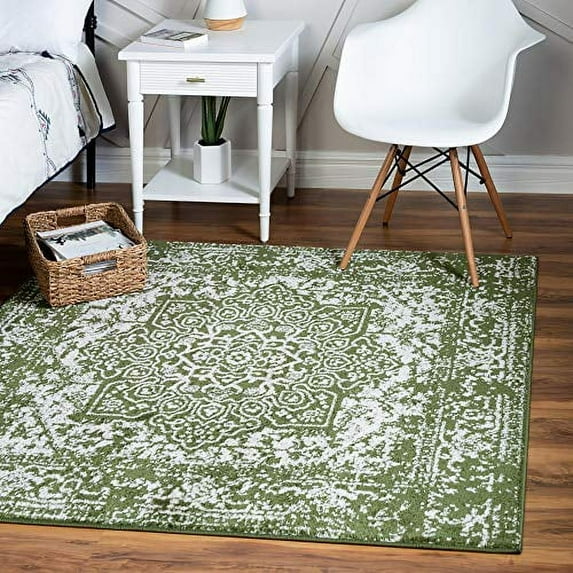 Arlington Collection Rug – 8 Ft Square Green Medium-Pile Rug Perfect for Living Rooms, Kitchens, Entryways, Green/ Ivory