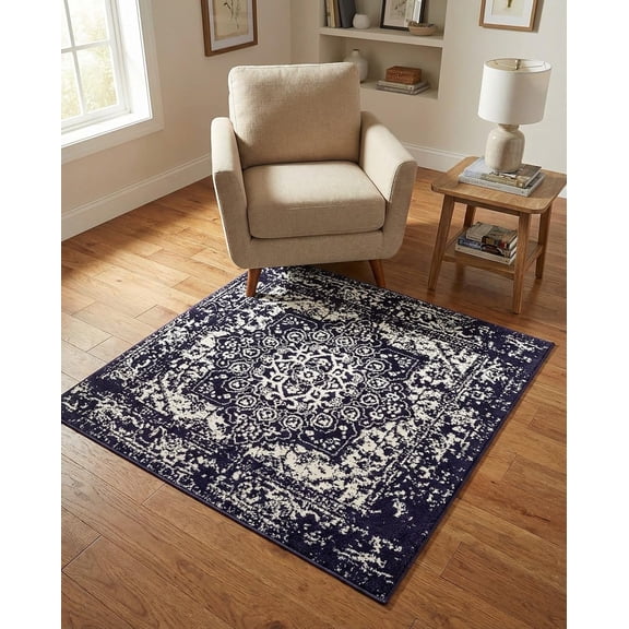 - Arlington Rug 4 Ft Square Navy Blue Coastal Area Rug Ideal for Entryways, Home Offices, and Reading Nooks
