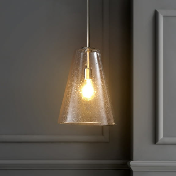 JONATHAN Y Arlo 11.5" 1-Light Mid-Century Modern Iron/Seeded Glass LED Pendant, Nickel/Clear