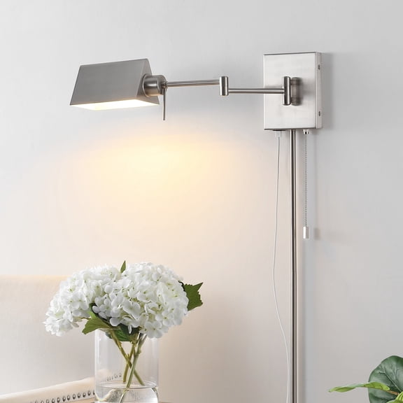 JONATHAN Y Arlo 22" 1-Light Farmhouse Industrial Single Swing Arm Plug-In or Hardwired Iron LED Wall Sconce with Pull-Chain USB Charging Port, Nickel