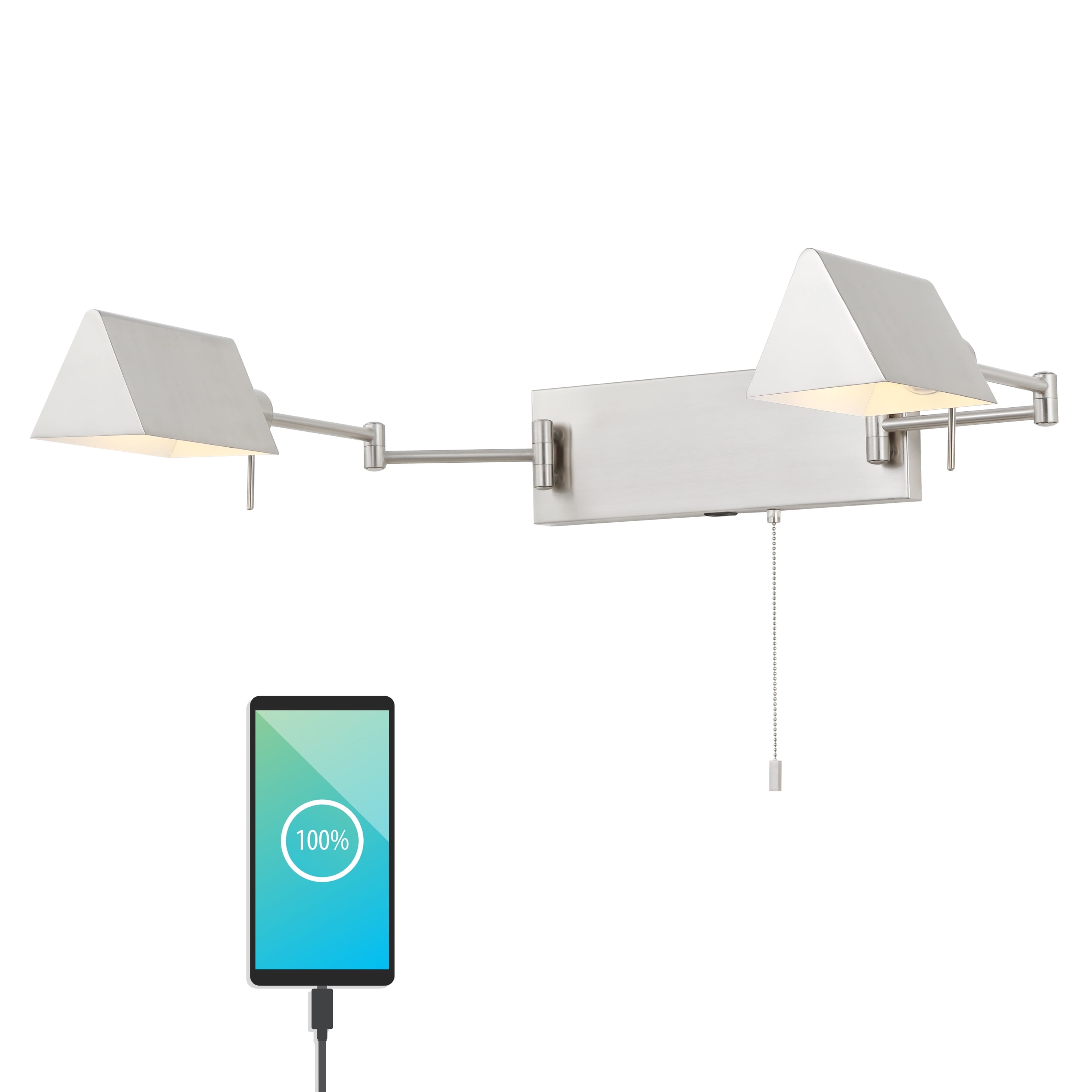White Iron Double Swing Arm Wall Sconce with USB Port