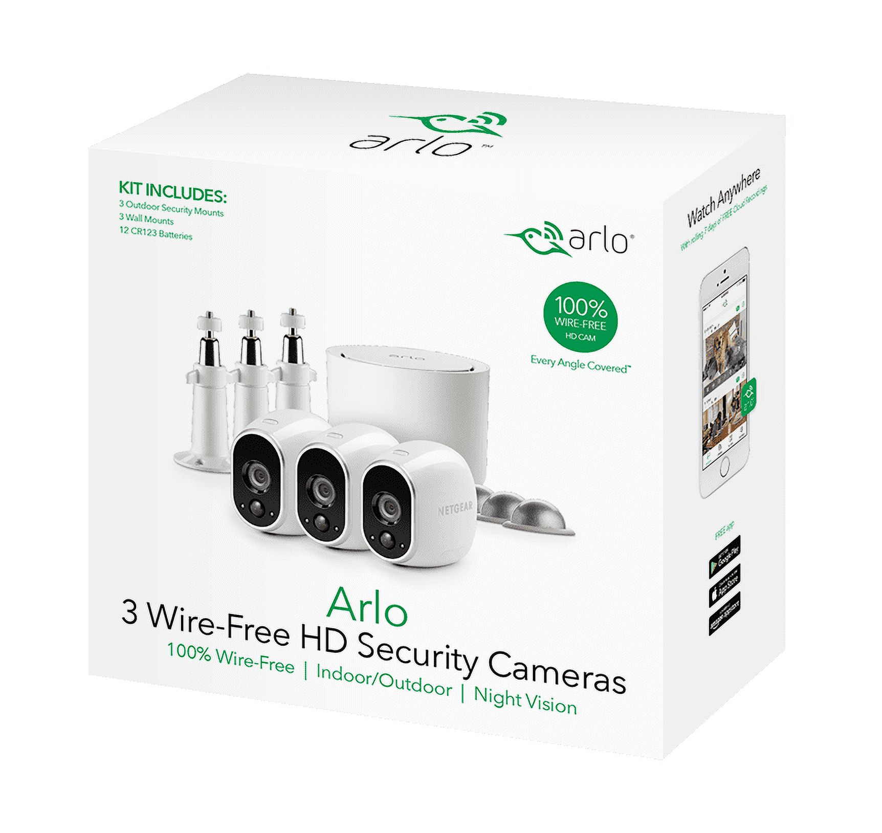Arlo 720P HD Security Camera System VMS3330W - 3 Wire-Free Cameras with 3 Additional Wall Mounts and 3 Outdoor Mounts, Indoor/Outdoor, Night Vision, Motion Detection - image 1 of 20