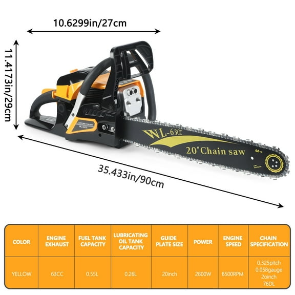 Arlohe 63CC 2800W Gas Chainsaw,20-Inch 8500RPM,Auto Oiler & Anti-Vibration Handle,Commercial Logging & Land Clearing