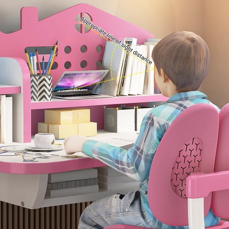 Arlohe Kids Study Desk and Chair Set, Adjustable Height Ergonomic Children's Desk with Drawer, Scientific Organization & Vision Protection, Cartoon Student Writing Table for Ages 3-15 (Pink)