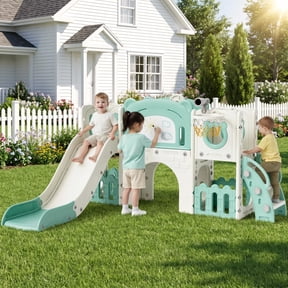 Arlopu 10-in-1 Kids Slide & Climber Set, Indoor Outdoor Slide Playset with Drawing Board, Climber, Basketball Hoop, Tunnel, Storage & Telescope