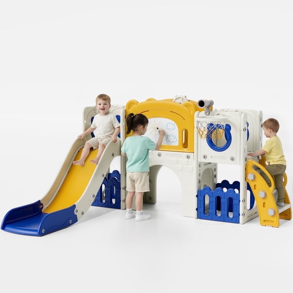 Arlopu 10-in-1 Kids Slide Set with Drawing Board, Climber, Basketball Hoop, Tunnel, Storage & Telescope for Indoor Outdoor Use for Kids Age 3+