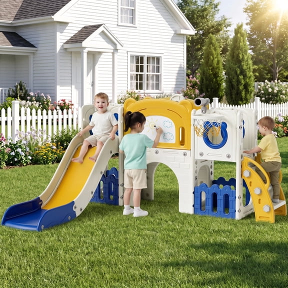 Arlopu 10-in-1 Kids Slide Set with Drawing Board, Climber, Basketball Hoop, Tunnel, Storage & Telescope for Indoor Outdoor Use for Kids Age 3+