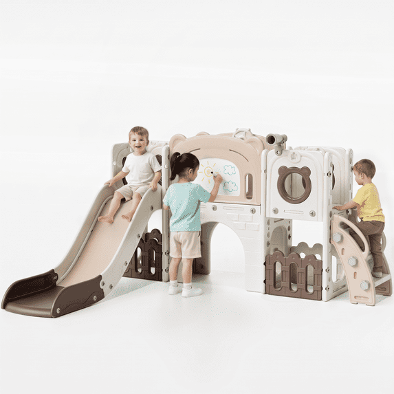 Arlopu 10 in 1 Toddler Slide PlaySet with Drawing Board, Tunnel, Storage & Telescope, Indoor Outdoor Backyard Playground Toys