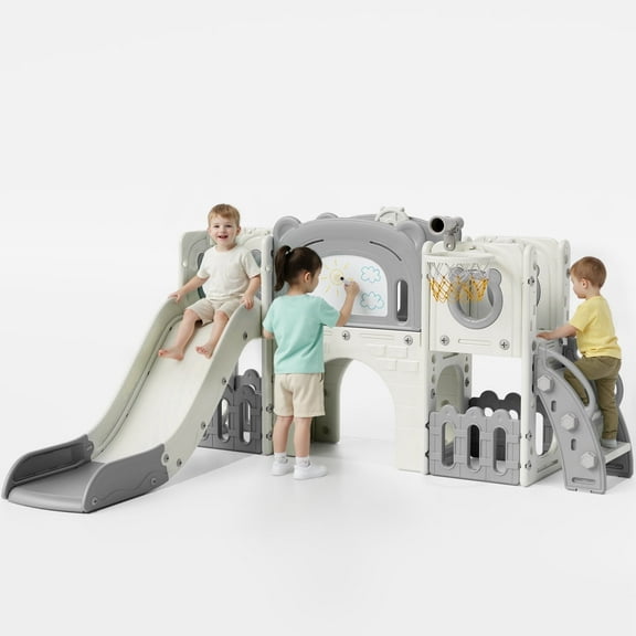 Arlopu 10 in 1 Toddler Swing & Climber Set, Indoor Outdoor Slide Playset with Drawing Board, Basketball Hoop, Tunnel, Storage & Telescope