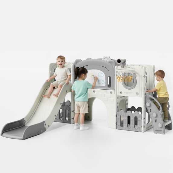 Arlopu 10 in 1 Toddler Swing & Climber Set, Indoor Outdoor Slide Playset with Drawing Board, Basketball Hoop, Tunnel, Storage & Telescope