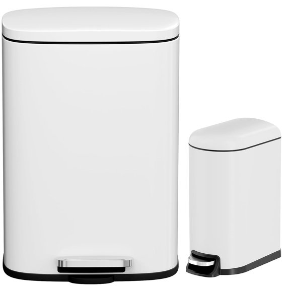 Arlopu 13 gal (50 L) and 2.6 gal (10 L) Kitchen Trash Can Combo Set, White | Stainless Steel Trash Can W/Removable Inner Bucket, Close Lid, Pedal, Rear Handle, for Kitchen, Office, Bathroom, Indoor