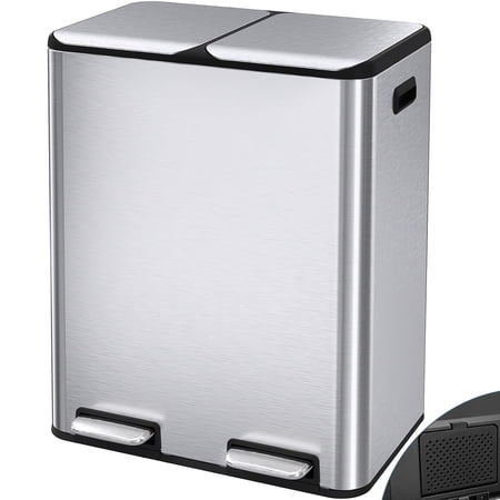 Arlopu 16 Gallon Dual Trash Can Rectangular Stainless Steel Kitchen Trash Can with Removable Inner Buckets, Soft Close Lid and 2 Built-in Box for Odor Control
