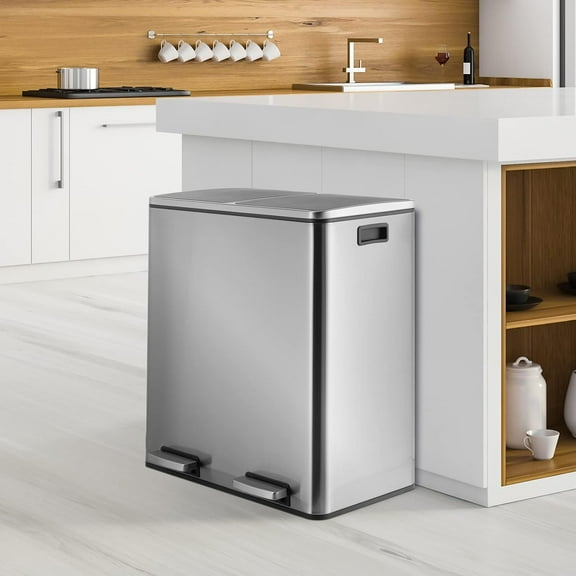 Arlopu 16 Gallon Dual Trash Can Recycle Bin, Stainless Steel Kitchen Step Garbage Can with Lid, Foot Pedal
