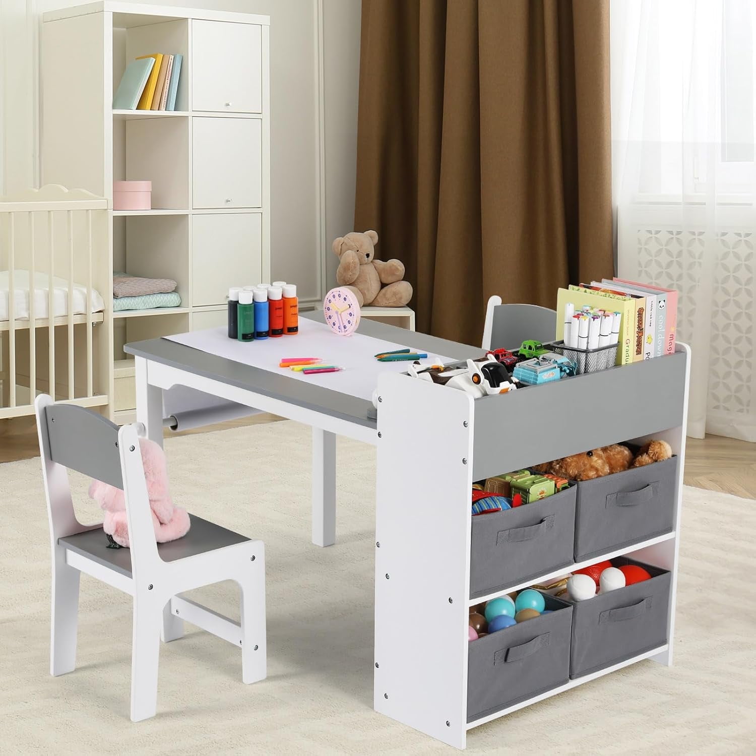 Arlopu Kids Art Table and 2 Chairs Set, Wooden Toddler Drawing Desk
