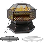 Arlopu 30'' Hex Shaped Steel Fire Pit for Outside, Wood Burning Fireplace Fire Bowl with Spark Screen & Fire Poker for Patio, Backyard, Camping