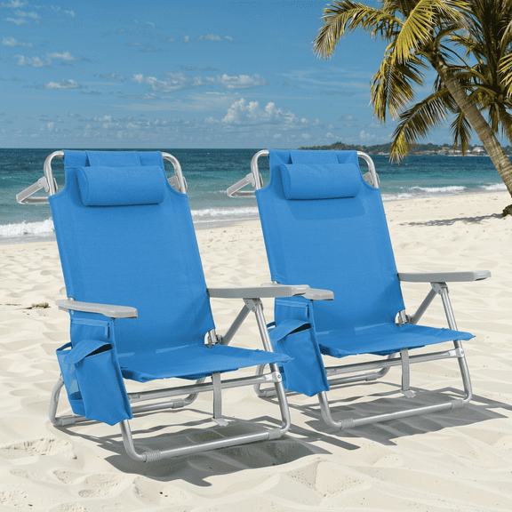 Arlopu 2pcs Folding Backpack Beach Chairs, 5-Position Protable Beach Chair, Low Profile Reclining Chair w/ Headrest, Cooler Pouch, Storage Bag, Towel Bar, Foot Mat