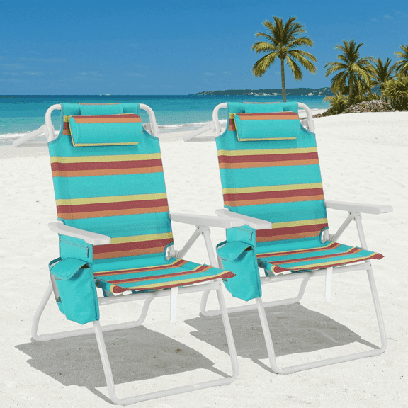 Arlopu 2pcs Folding Beach Chairs, High Back Beach Chair w/ 5-Position Lay Flat, Headrest, Cooler Pouch, Storage Bag, Towel Bar, Foot Mat, Outdoor Portable Camping Chair