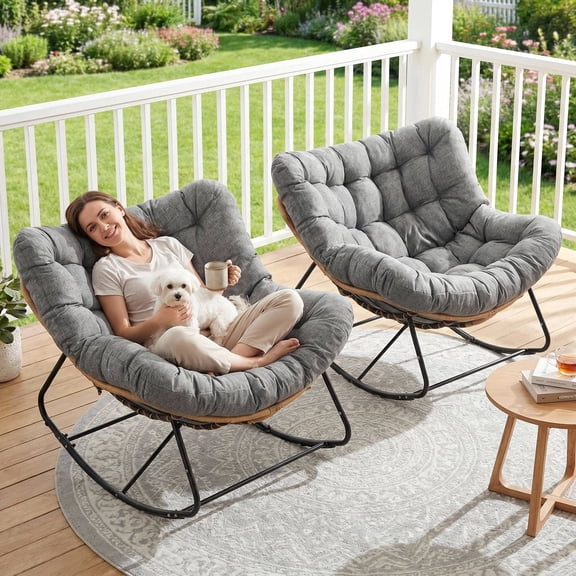 Arlopu 2pcs Outdoor Papasan Rocking Chair, Oversized Padded Lounge Rocker with Cushion, Comfy Wicker Egg Lounge Chair, Large Indoor Rocking Recliner for Living Room/Porch/Garden, Dark Gray