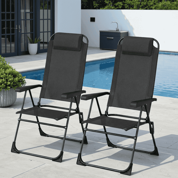 Arlopu 2pcs Patio Folding Chairs, Outdoor Lawn Chair w/ 5 Level Adjustable Teslin Back, Removable Headrest, Ergonomic Armrest, Foot Pad