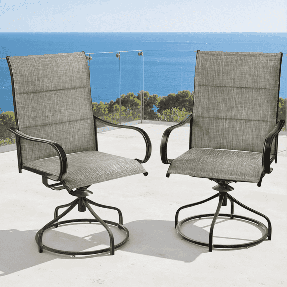 Arlopu 2pcs Patio Padded Swivel Chairs, Outdoor 360° Dining Chairs w/ High Back & Armrest for Garden Deck Backyard, All-Weather Textilene, Brown
