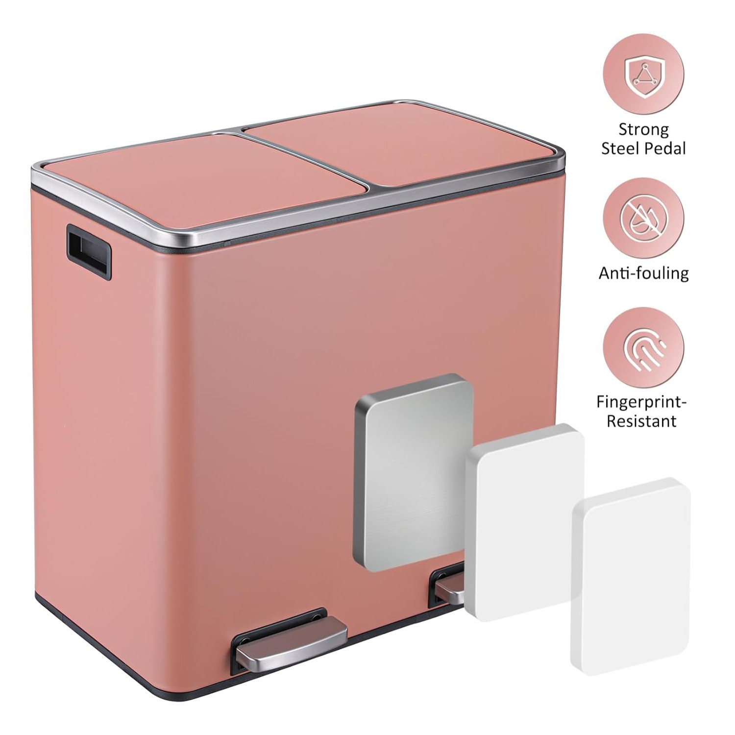 Arlopu 2x6 Gallon Dual Trash Can, 48L Stainless Steel Rectangular Dual Compartment Garbage Can Recycling Bin for Kitchen, Bathroom