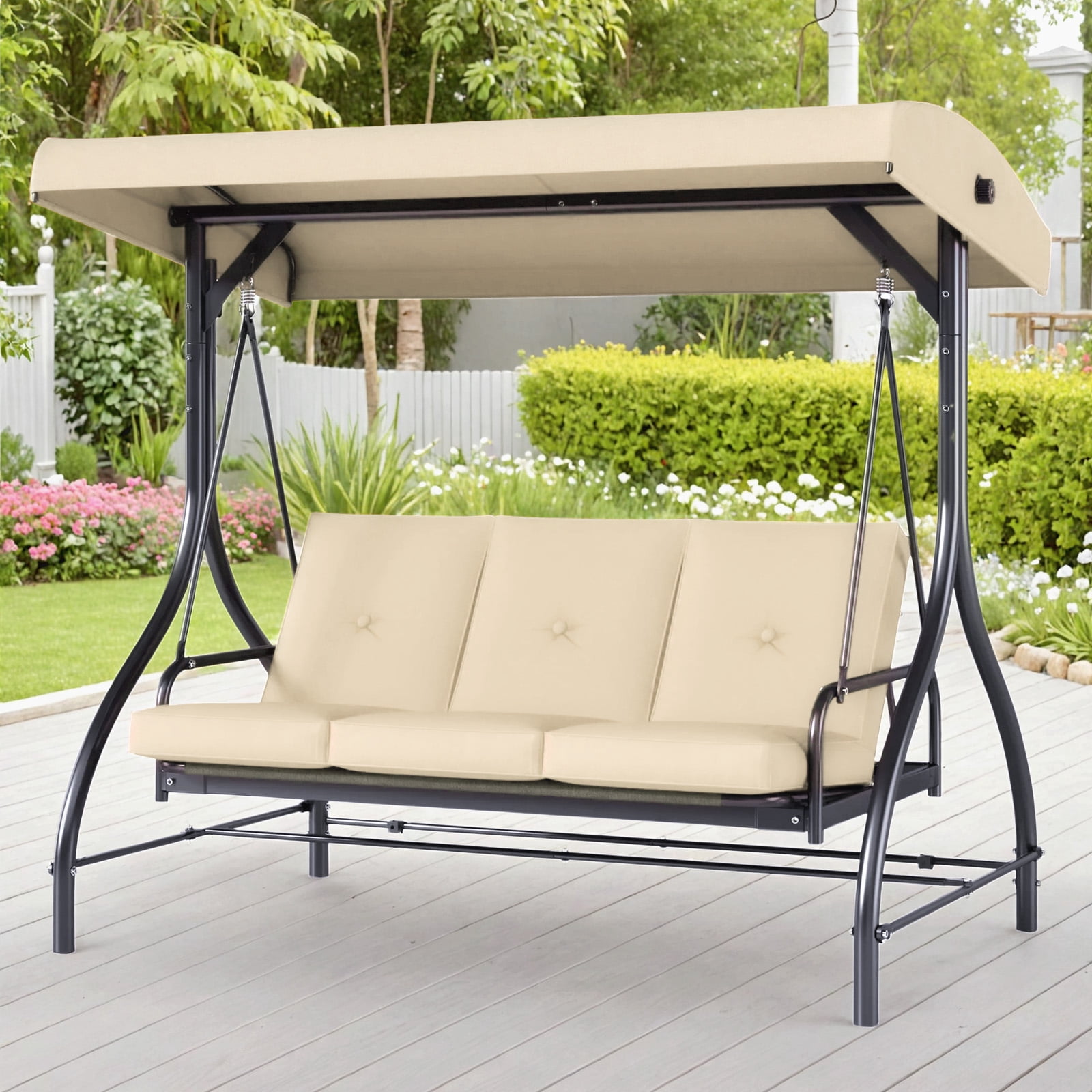 Arlopu 3 Person Porch Swing Outdoor Swing Chair with Adjustable Canopy & Cushions for Backyard Garden, Beige