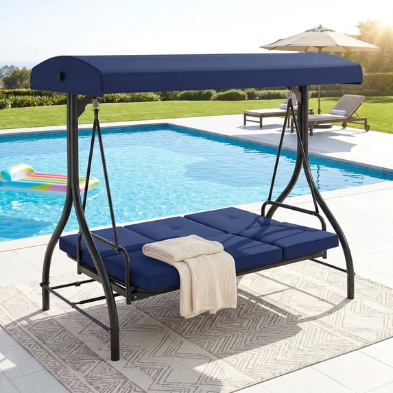 Arlopu 3-Seat Patio Swing Chair, Outdoor Converting Canopy Swing Glider Patio Hammock w/ Removable Cushions, Blue