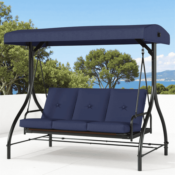 Arlopu 3-Seat Patio Swing Chair, Outdoor Converting Canopy Swing Glider Patio Hammock w/ Removable Cushions, Blue