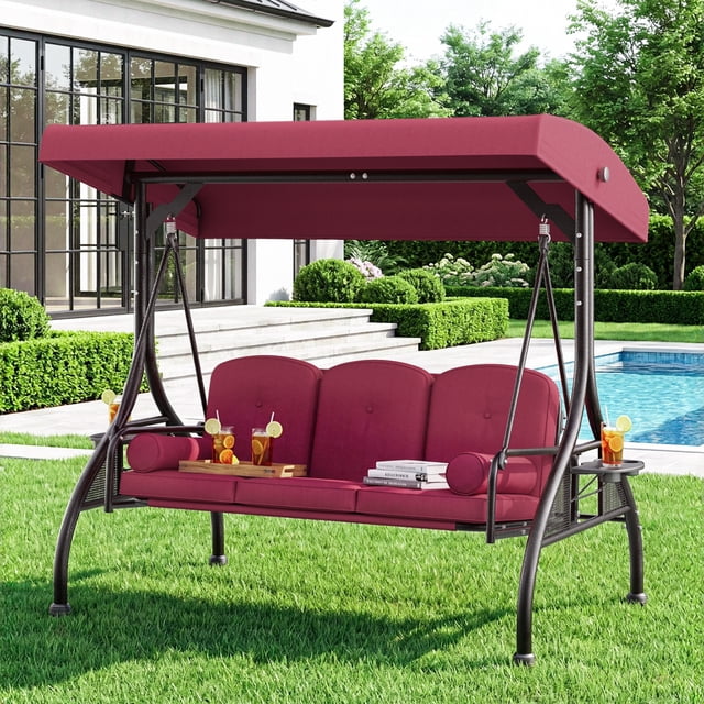 Arlopu 3-Seat Patio Swing w/ 45° Tilt Adjustable Canopy, Cup Holder ...
