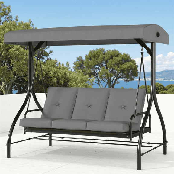 Arlopu 3-Seat Porch Swing, Outdoor Patio Swing Chair with Adjustable Canopy & Removable Cushions, Swing Glider for Garden Poolside Backyard, Gray