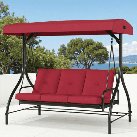 Arlopu 3-Seater Porch Swing Chair w/ Convertible Canopy & Removable Cushions, Outdoor Patio Swing Glider, 750 lbs