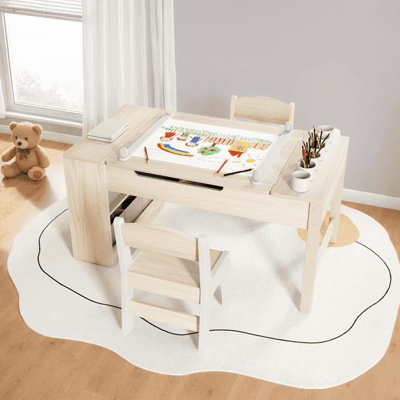 Arlopu 3 in 1 Activity Craft Table Set Kids Wooden Drawing Table Set with Art Easel Adjustable Tilt, 6 Storage Bins, 6 Paint Cup