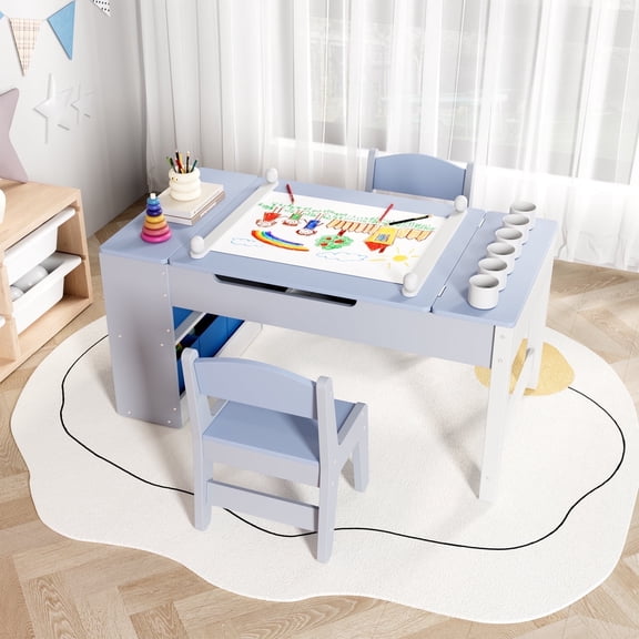 Arlopu 3 in 1 Kids Drawing Table & Chair Set Wooden Activity Craft Table with Art Easel Adjustable Tilt, 6 Storage Bins, 6 Paint Cup