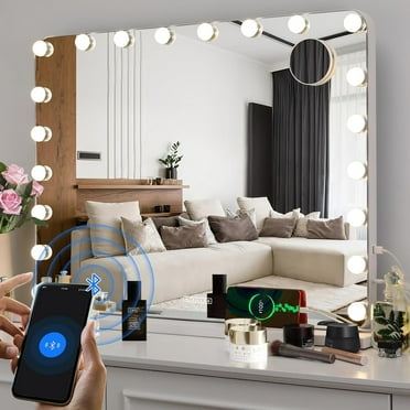 Arlopu 32"x24" Vanity Mirror with Light and Bluetooth, Hollywood Makeup Mirror Tabletop Wall Mount with 10X Magnification & USB Charging Port