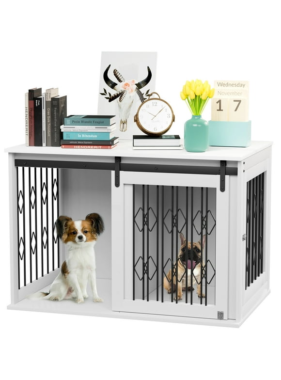 Arlopu 39.4'' Dog Crate Furniture with Sliding Barn Door, Wooden Indoor Dog Kennel with Flip-top and Divider, White Dog Cage for Small / Medium Pets up to 60 lbs
