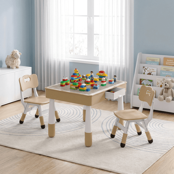 Arlopu 4 in 1 Kids Table and 2 Chairs Set with 2 Drawers, Toddler Table and Chair Set for Ages 3-10, Graffiti & Building Blocks Double-Sided Tabletop, Height Adjustable