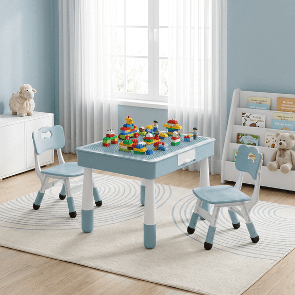Arlopu 4 in 1 Kids Table and 2 Chairs Set with 2 Drawers, Toddler Table and Chair Set for Ages 3-10, Graffiti & Building Blocks Double-Sided Tabletop, Height Adjustable