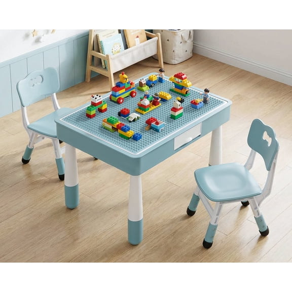 Arlopu 4 in 1 Kids Table and 2 Chairs Set with 2 Drawers, Toddler Table and Chair Set for Ages 3-10, Graffiti & Building Blocks Double-Sided Tabletop, Height Adjustable
