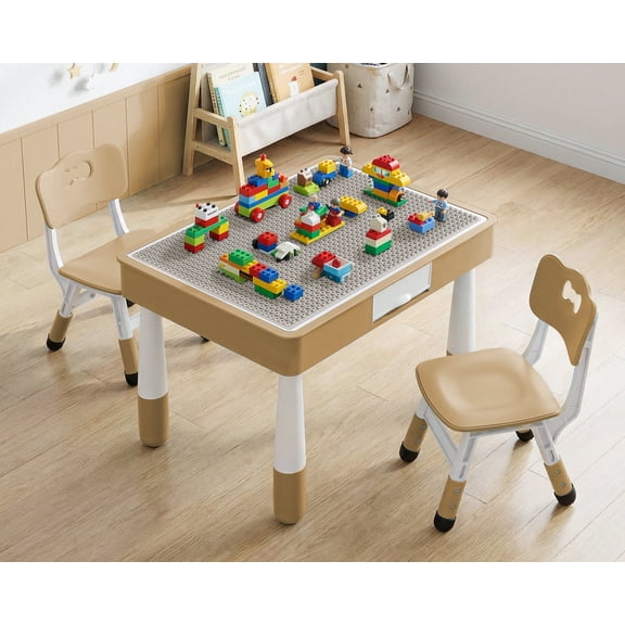 Arlopu 4 in 1 Kids Table and 2 Chairs Set with 2 Drawers, Toddler Table and Chair Set for Ages 3-10, Graffiti & Building Blocks Double-Sided Tabletop, Height Adjustable