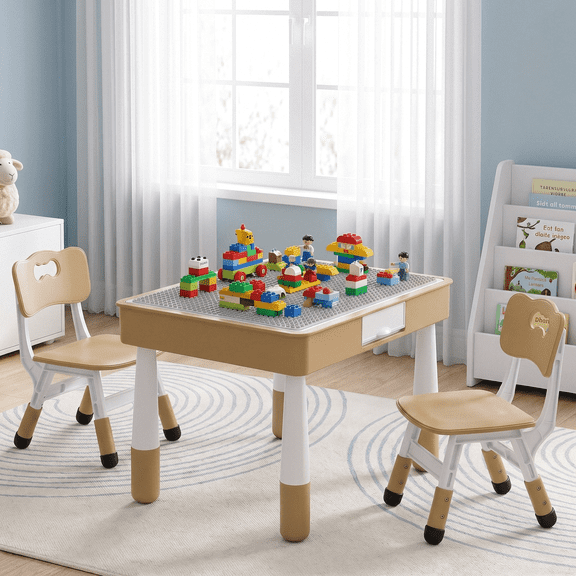 Arlopu 4 in 1 Kids Table and 2 Chairs Set with 2 Drawers, Toddler Table and Chair Set for Ages 3-10, Graffiti & Building Blocks Double-Sided Tabletop, Height Adjustable