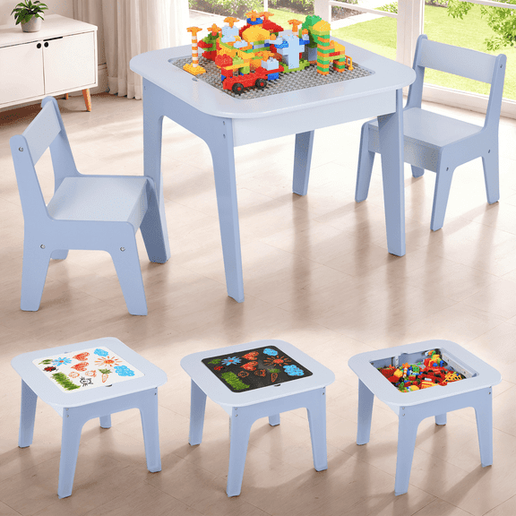 Arlopu 4 in 1 Kids Table and 2 Chairs Set with Storage, Toddler Activity Table Set for Kids Ages 3+, Blackboard, Whiteboard & Building Blocks Tabletop